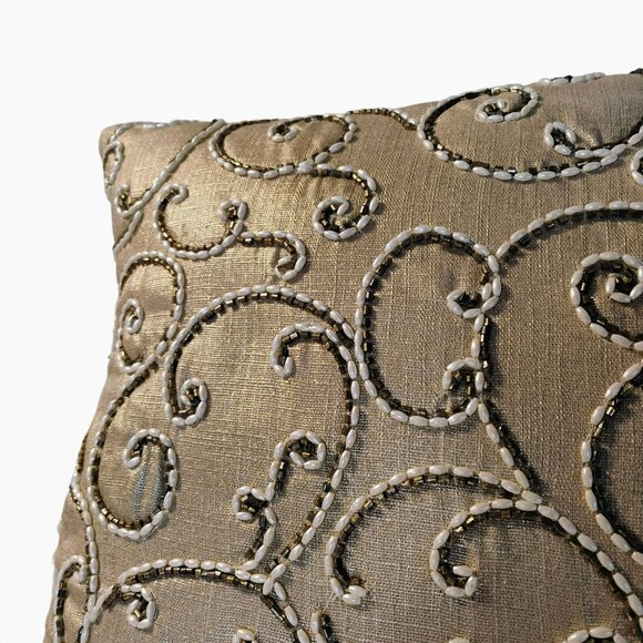 Gold Beaded Decorative Lumbar Pillow, Duck Feather Insert 18x12 Elegant LIKE NEW - Picture 4 of 6